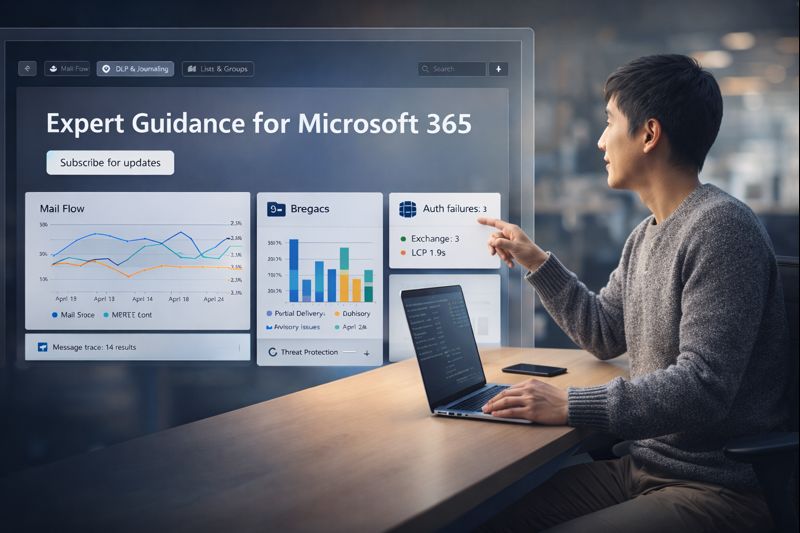Microsoft 365 expert analyzing mail flow and breach alerts dashboard